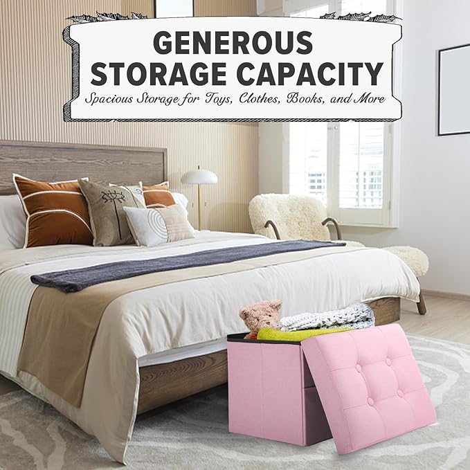 LINMAGCO Storage Ottoman Folding Foot Stool Foot Rest with Side Pocket Modern Ottoman with Storage Short Sofa Stool Linen Cloth 17x13x13(Pink)