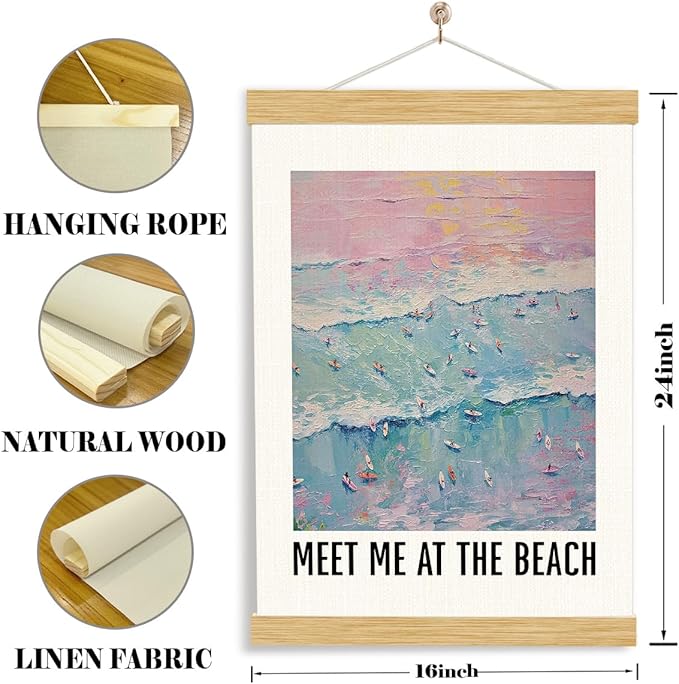 YGSDZY Beach Canvas Poster, Meet Me at the Beach Poster, Costal House Decor, Summer Decors, Trendy Ocean Coastal Art for Home Office Gallery, Pink Girls Room Decor, 11.8 * 15.7