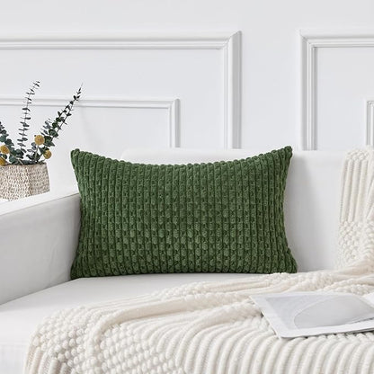 Kevin Textile 14x24 Inch Pillow Cover 1 Pack Boho Decorative Soft Striped Corduroy Lumbar Farmhouse Solid Color Accent Rectangle Cushion Case for Living Room Couch Sofa Bed, Moss Green