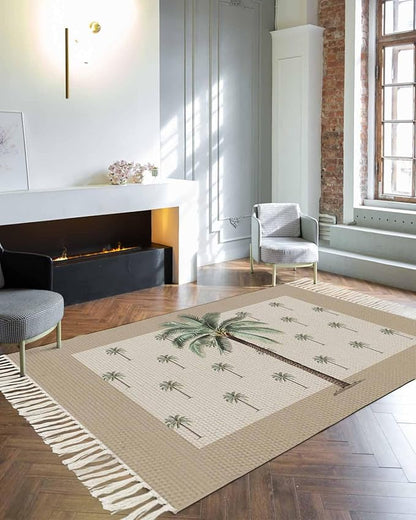 Tropical Palm Tree Large Runner Rug 4X6 Ft Living Room Area Rug, Washable Woven Brown Summer Beach Plant Throw Carpet with Tassel, Non-Shedding Farmhouse Retro Green Botanical Bedroom Office Carpets