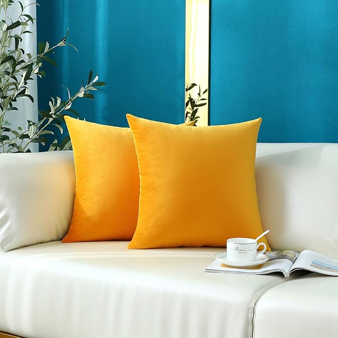 mixeoo Comfy Mustard Yellow Throw Pillow Covers Decorative Square Solid Thick Velvet Super Soft Cushion Cases Home Decor for Sofa Couch Living Room Chair, Set of 2, 18 x 18 Inch