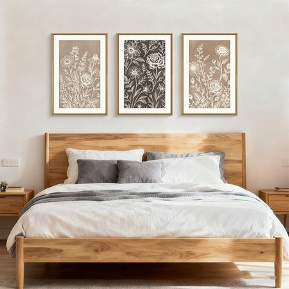 Neutral Boho Flower Framed Canvas Wall Art Set,Vintage Rose Peony Wildflower Wall Decor,Modern Natural Brown Black Floral Botanical Artwork for Living Room, Bedroom,Farmhouse-16 x24 x3