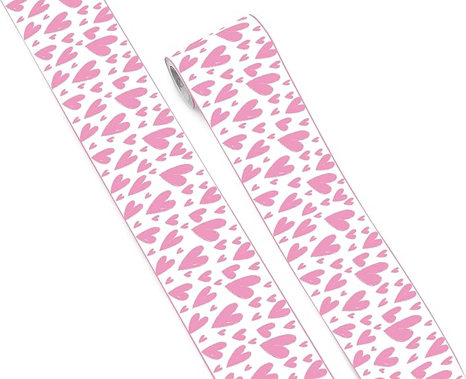 FLFK Pink Heart Wallpaper Border - Peel and Stick Wall Paper, Self Adhesive Removable PVC Borders Sticker, Modern Waterproof Trim for Home Decor, 4" x 240"