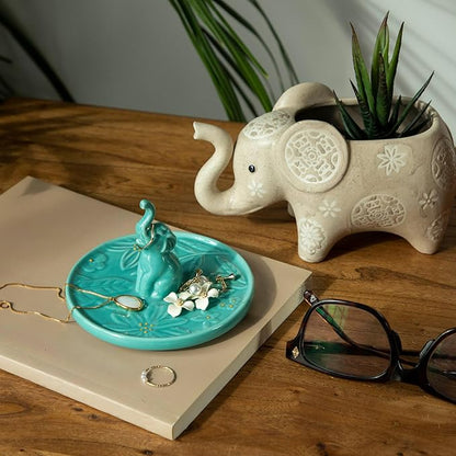 Artistic Ceramic Elephant Jewelry Tray Holder - Elegant Hand-Painted Trinket Dish for Rings, Earrings, Necklaces, Decorative Organizer Bowl for Dresser, Nightstand, Bathroom Counter Top