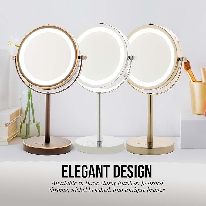 OVENTE Lighted Vanity Mirror 6 Inch Table Top 1X 7X Magnification LED 360 Adjustable Double Sided Spinning Personal Makeup Stand Desk Bathroom Battery Powered Round Large Nickel Brushed MLT60BR1X7X