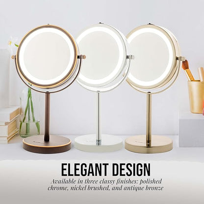OVENTE Lighted Vanity Mirror 6 Inch Table Top 1X 7X Magnification LED 360 Adjustable Double Sided Spinning Personal Makeup Stand Desk Bathroom Battery Powered Round Large Nickel Brushed MLT60BR1X7X