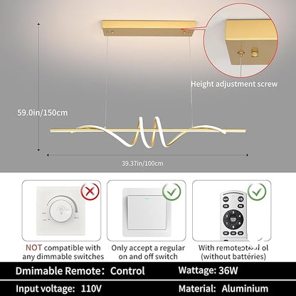 Modern LED Pendant Light, 39.37in Gold Chandelier Dimmable,3000K-6000K Adjustable Color Temperature, Aluminum Modern Kitchen Light Fixture for Dining Room