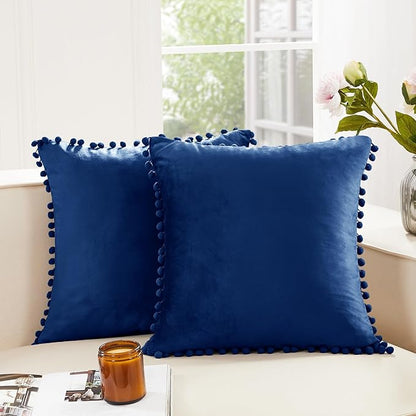 Deconovo Velvet Throw Pillow Covers, Set of 2, 20” x 20” Navy, Square Pom-poms Soft with Invisible Zipper Cover for Sofa Couch Car