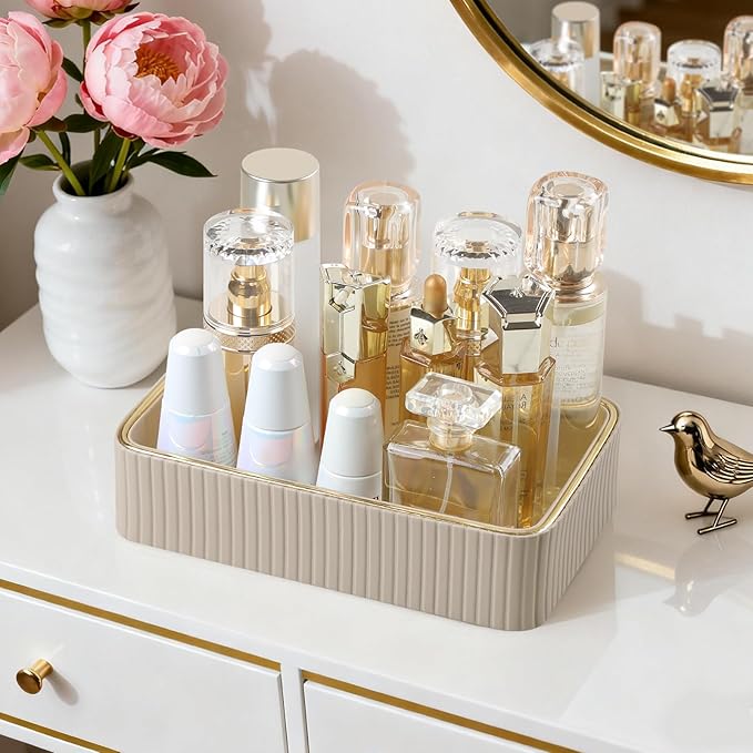 Desk Organizer Tray, PU Leather Valet Tray Nightstand Organizer Cologne Perfume Trays for Men Women, Decorative Vanity Trays Key Bowl Trinket Dish (Beige, 9.5" x 6" x 2.2")