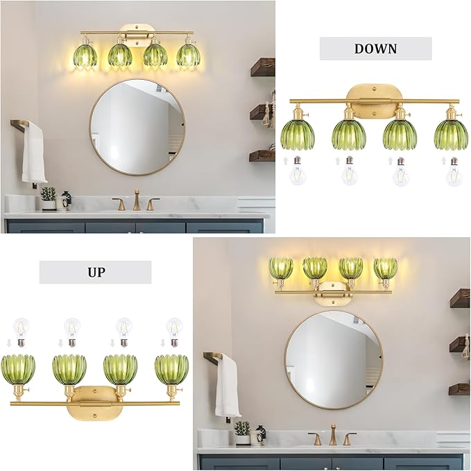 Bathroom Light Fixtures, 4-Light Brass Vanity Wall Light Over Mirror with Green Tulip Glass Shade for Bedroom Living Room (Bulb Not Included)