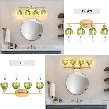 Bathroom Light Fixtures, 4-Light Brass Vanity Wall Light Over Mirror with Green Tulip Glass Shade for Bedroom Living Room (Bulb Not Included)