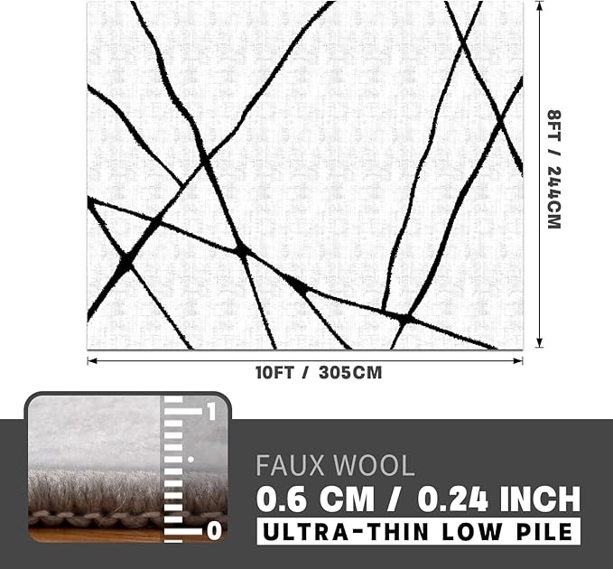 YIHOUSE Modern Washable 8'x10' Area Rug for Living Room Bedroom - Large Abstract Black and White Rug Non-Slip Ultra-Thin Home Decor,Geometric,8x10ft