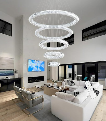 Modern Chandelier 8"+16"+24"+32"+40" 5 Rings Crystal LED Dimmable Lighting Foyer Entryway High Ceiling Living Room Chanderliers Pendant Lights Fixtures Silver Light