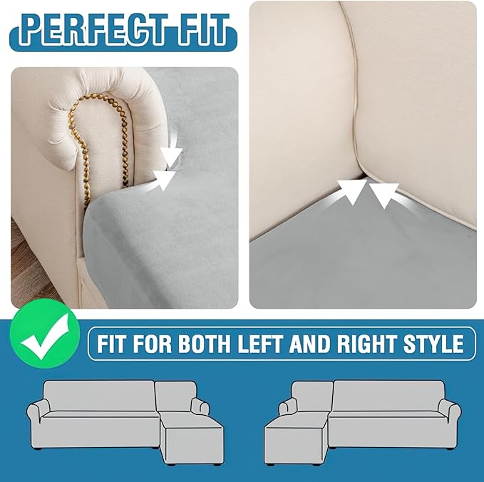 Couch Cover 3-Piece Elastic Velvet Couch Cushion Covers & Chaise Slipcovers for L-Shaped Sofas, Sofa Seat Covers Washable, Soft Cover for Couches (2 Seater + Chaise, Light Grey)