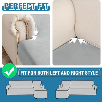 Couch Cover Velvet Chaise Cushion Cover for Sectional Sofas - Elastic L-Shaped Sofa Seat Covers Washable, Slipcover Protector (1-Piece, Light Grey)
