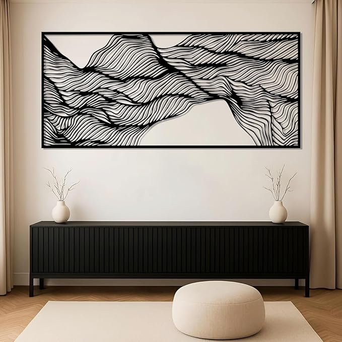 Abstract Lines Metal Wall Decor, Abstract Wavy Lines Metal Wall Art, Large Contemporary Wall Decor, Minimalist Line Wall Art, Modern Geometric Wall Sculpture for Living Room (Silver, 30"x13"/76x34cm)