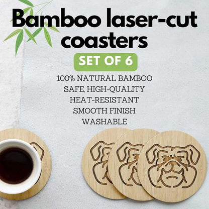 Set of 6 Bamboo Laser-Engraved Fun Dog Coasters with Iron Holder - Gift Packaging 3.9 Inch Non-Stick Absorbent Durable and Unbreakable Wooden Cup Coasters for Dog Lovers (Bulldog)