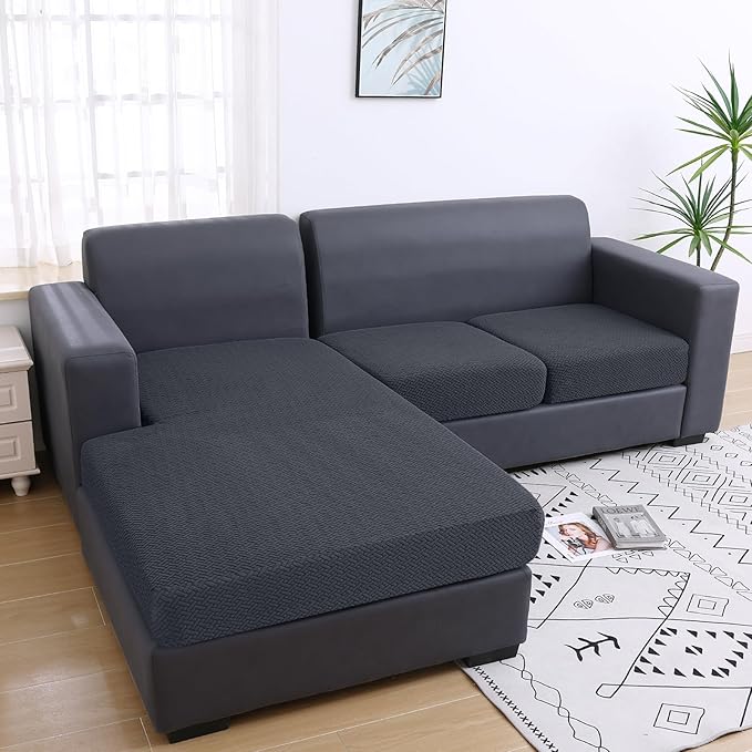 Smiry Waterproof Couch Cushion Covers, Stretch Jacquard Thick Sofa Cushion Covers, Washable Seat Slipcover Elastic Furniture Protector for Pets, Kid (Chaise Cover, Dark Grey)