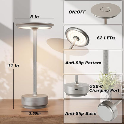 1 Pack Rechargeable Cordless Table Lamps, Portable 5000mAh Battery Table Light, 3 Color Stepless Dimming LED Table Light with Memory Function, for Outdoor/Dinner/Patio/Restaurant.(Silver)