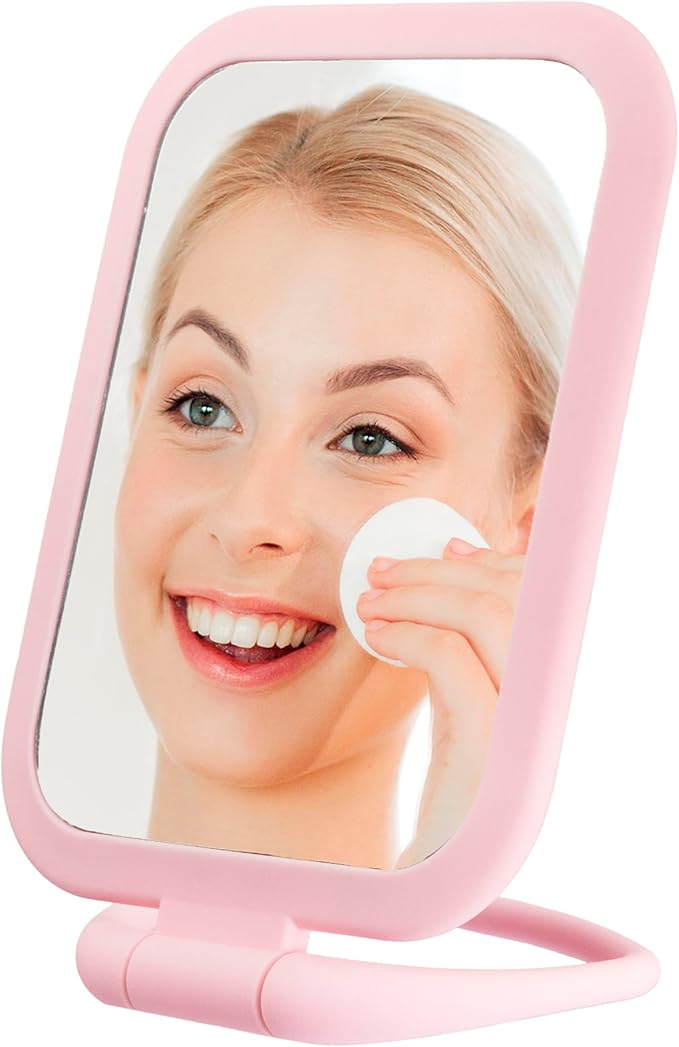 EXPRESSIONS Premium Soft Touch Rectangle Pink Vanity Mirror with 1x 2X Magnification, Rotating Handheld Tabletop Makeup Small Desk Travel