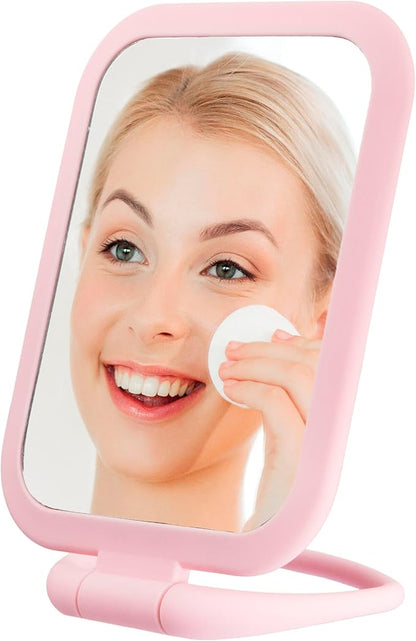 EXPRESSIONS Premium Soft Touch Rectangle Pink Vanity Mirror with 1x 2X Magnification, Rotating Handheld Tabletop Makeup Small Desk Travel