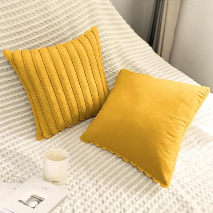 2 Pack 16x16 Pillow Cover Velvet Pillow Covers, Faux Fur Square Throw Pillow Covers for Living Room Decorations Throw Pillow Case, Throw Pillow Cover Cushion Cover for Sofa Bedroom Car, Mustard Yellow