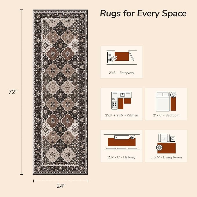 Lessymo Washable Runner Rug 2x6, Moroccan Faux Wool Runner Rugs Non Slip for Hallways Kitchen Entryway Laundry Room Bedroom, Low Pile Multicolor Oriental Rug, Kid & Pet Friendly, Taupe and Beige