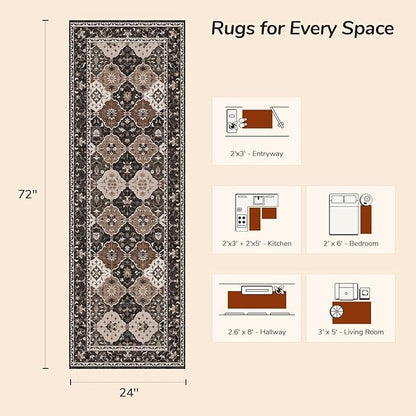 Lessymo Washable Runner Rug 2x6, Moroccan Faux Wool Runner Rugs Non Slip for Hallways Kitchen Entryway Laundry Room Bedroom, Low Pile Multicolor Oriental Rug, Kid & Pet Friendly, Taupe and Beige