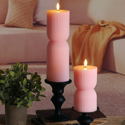 Pink Ribbed Flameless Pillar Candles with Remote, Flickering LED Candles Battery Operated Real Wax Set of 2
