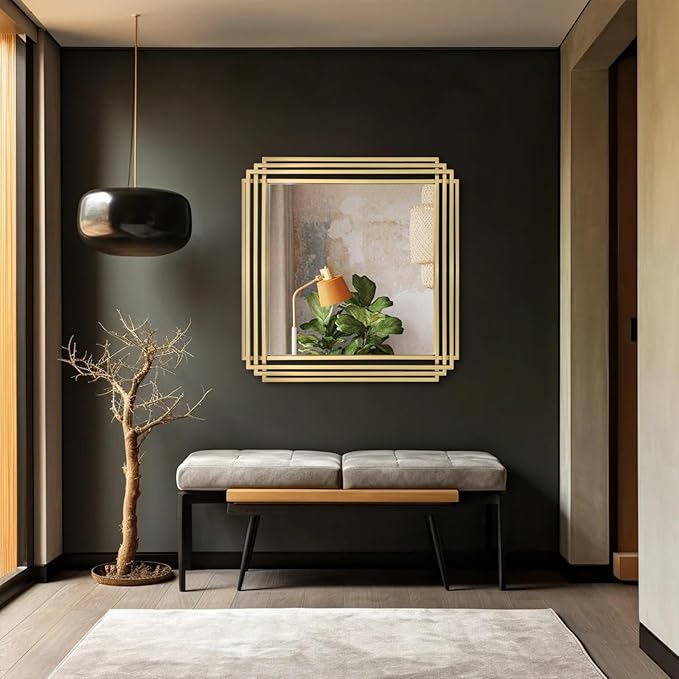 Gold Square Mirrors, 24"x24" Geometric Art Deco Mirror with Metal Frame, Bathroom Vanity Mirrors for Over Sink, Modern Elegant Wall Mirrors for Living Room Bedroom Entryway Fireplace
