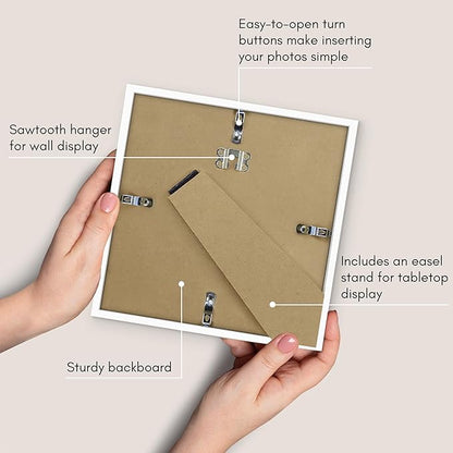 Americanflat 8x8 Picture Frame with Shatter-Resistant Glass - Use as 5x5 Frame with Mat or Display 8x8 Photo Without Mat - Streamline Collection - Square Frames for Tabletop or Wall - White