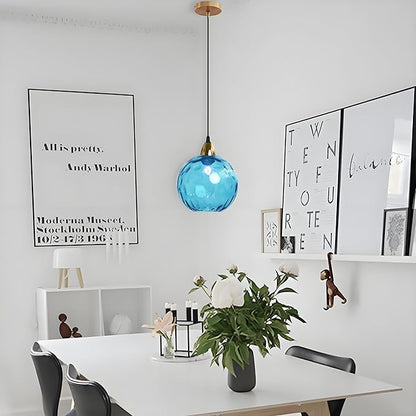 20cm/7.9’’ Industrial Vintage Spherical Glass Pendant Light, E26 Ceiling Hanging Lamp, Gold Finish & Ripple Glass Globe Shade, Dining Room Bedroom Chandelier (Azure Blue)