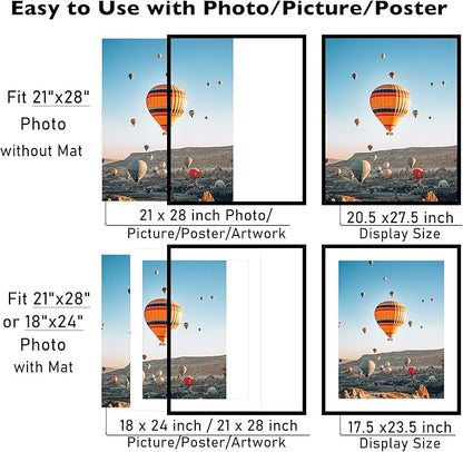 21x28 Picture Frame with 18x24 Mat Set of 2, Display Photo 18x24 with Mat or 21 x 28 Without Mat, Wall Hanging Large 21 by 28 Poster Frame with Plexiglass, 2 Pack, Black