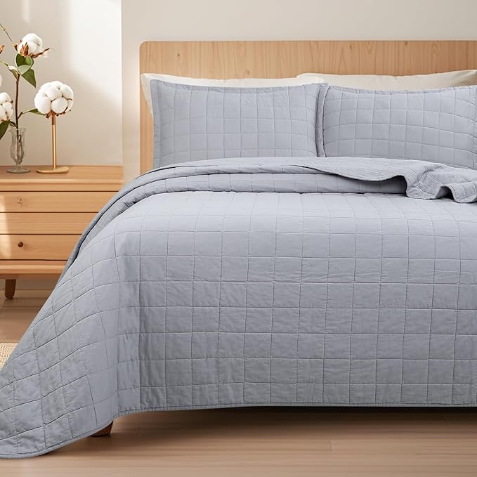 Quilt Oversized King Size Bedding Sets, 100% Cotton Lightweight Luxury Comforter Set, Oversized Extra Wide Stitching Bedspreads Coverlets with 2 Pillowcase Suitable for All Season, Grey