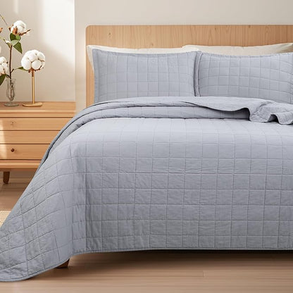 Quilt Queen Size Bedding Sets - 100% Cotton Lightweight Luxury Comforter Set, Full Size Stitching Bedspreads Coverlet with 2 Pillowcase Suit for All Season, Grey