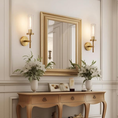 15" Knurled Brass Wall Sconces Set of 2, Gold Bathroom Vanity Light Fixtures with Clear Glass Tube, Modern Lamp Lighting for Bedroom, Living Room, Hallway, Staircase, Mirror, Kitchen