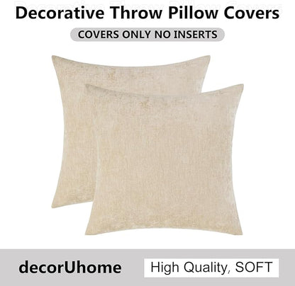decorUhome Chenille Beige Spring Throw Pillow Covers 26x26 Inch Set of 2, Decorative Soft Couch Pillow Covers Solid Dyed Accent Farmhouse Neutral Square Pillow Cases for Sofa