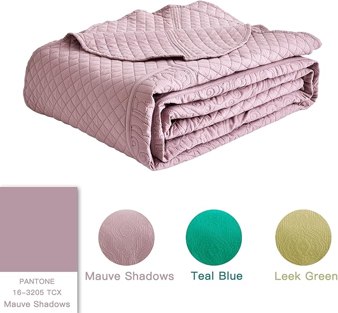HZ & HY Oversized King Bedspread, Ultrasonic Coverlet Bedding Set, Lightweight Thin Comforter, Reversible, 5 Piece, 100% Microfiber, Mauve Shadows