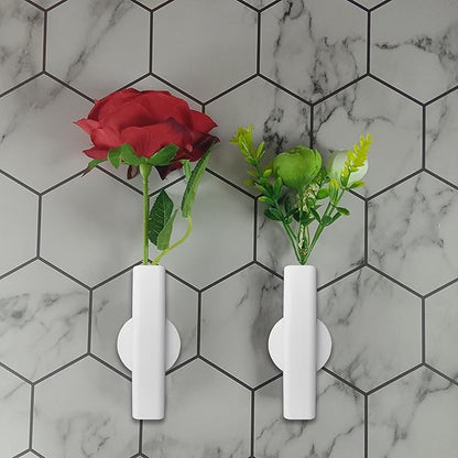 7" Wall-Mounted Flower Tube, Top/Bottom Open Vase, Wall Metal Flower Tube Decoration Holder for Flower Display, Home Office Living Room Bedroom Decoration with Adhesive Material, 2pcs(White)