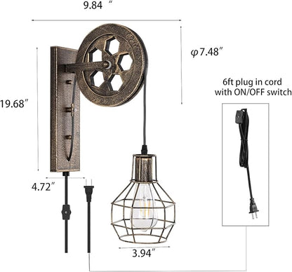 Plug in Wall Sconce Rustic Wall Light Lift Pulley Matte Iron Cage Shade Industrial Mid Century Wall Lamp Indoor Lighting Barn Restaurant (Bronze Color)