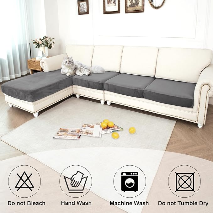 NAISI Waterproof Couch Cushion Covers Thick Velvet Fabric Washable Sofa Slipcovers Sectional Couch Covers for 4 Pieces Separate L Shape Couch Cover with Elastic Bottom(3 Seater + 1 Chaise,Grey)