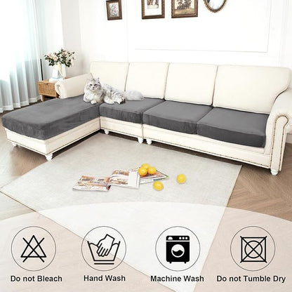 NAISI Waterproof Couch Cushion Covers Thick Velvet Fabric Washable Sofa Slipcovers Sectional Couch Covers for 4 Pieces Separate L Shape Couch Cover with Elastic Bottom(3 Seater + 1 Chaise,Grey)