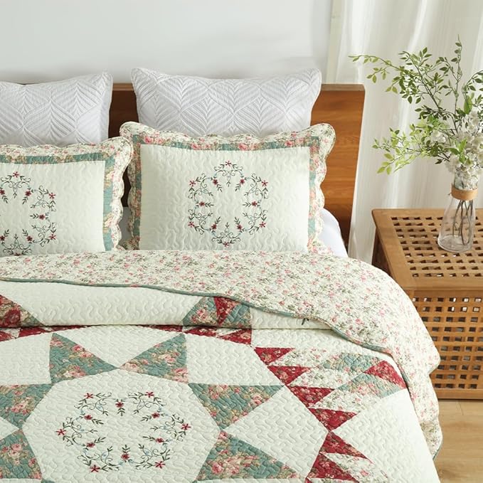 Cotton Bedspread Quilt Bedding Sets, 3 Pieces Reversible Coverlets Comforters Star with Green Floral Real Patchwork Bedspread, Queen Size