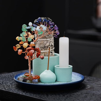 5 in 1 Incense Burner Holder with Crystal Tree for Burning Palo Santo Stick, Sage, Incense Sticks, Candle, Ceramic Tray Ash Catcher, Meditation Gift (Sky-Blue)