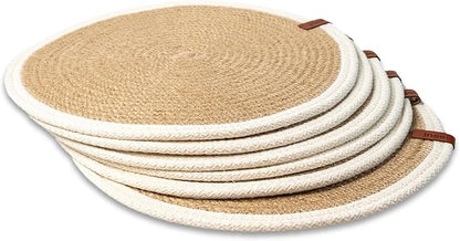 Round Placemats Set of 6, Handmade by Braided Natural Jute with White Cotton Cord Edges, Dia. 12.6 Inch, Heat Resistant, Doublesided, Light Brown