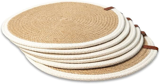 Round Placemats Set of 6, Handmade by Braided Natural Jute with White Cotton Cord Edges, Dia. 12.6 Inch, Heat Resistant, Doublesided, Light Brown