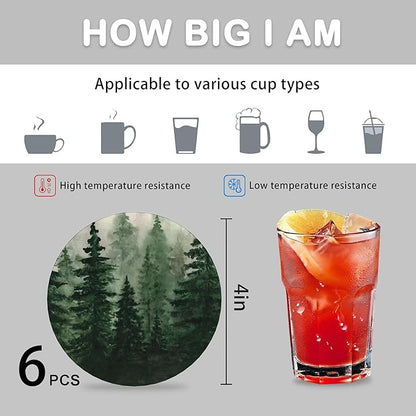 6 Pcs Drink Coasters with Holder, Watercolor Landscape Pine Forest Absorbent Round Ceramic Coaster for Tabletop Protection,for Coffee Cup Beverage Coasters Wine Beer Bar