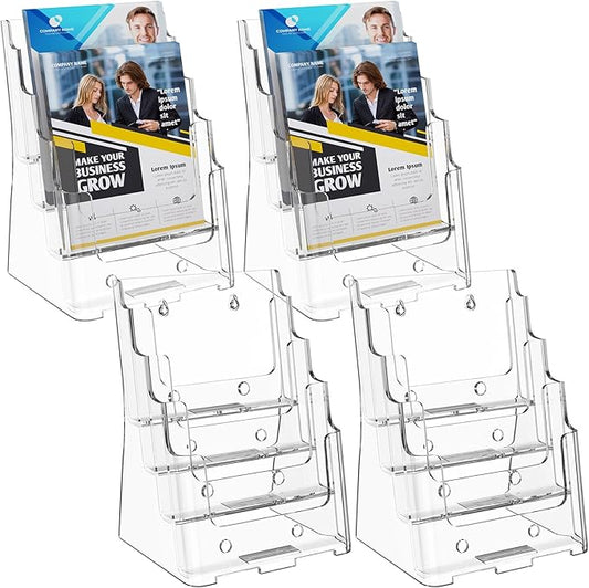 MaxGear Brochure Holder 4 Tier 6x9 inch Acrylic Literature Display Stand Clear Plastic Flyer Holder Wall Mount or Countertop Use for Pamphlets, Booklets, 4 Pack