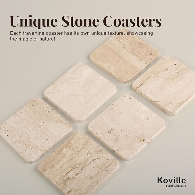 Koville Travertine Coasters Set of 5, Square Coasters with Holder for Drinks, 4" Cup Coaster for Coffee Table Home Office Bar Decor, Heat Resistant Natural Stone Drink Coaster(Beige)