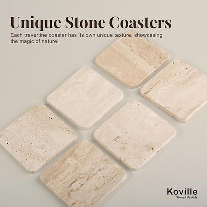 Koville Travertine Coasters Set of 5, Square Coasters with Holder for Drinks, 4" Cup Coaster for Coffee Table Home Office Bar Decor, Heat Resistant Natural Stone Drink Coaster(Beige)